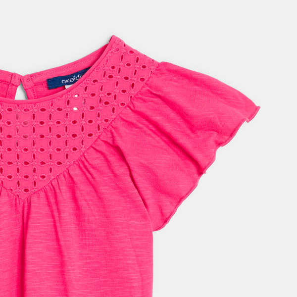 تيشيرت أصفر بأكمام قصيرة للبنات بتطريز إنجليزي بارز